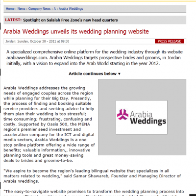 Arabia Weddings Press Release on AME Info 