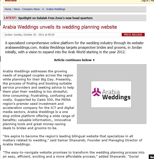 Arabia Weddings Press Release on AME Info 