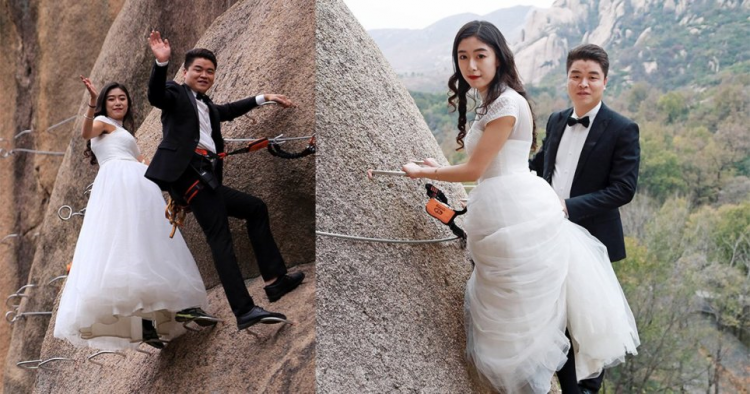 Chinese Couple Climbs Dangerous Mountain To Have Their Wedding Photos