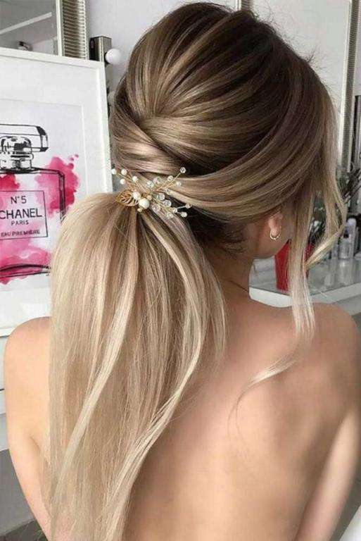 Gorgeous ponytail hairstyle to complete your look this spring  summer   low ponytail  Wedding hair trends Ponytail bridal hair Wedding ponytail  hairstyles