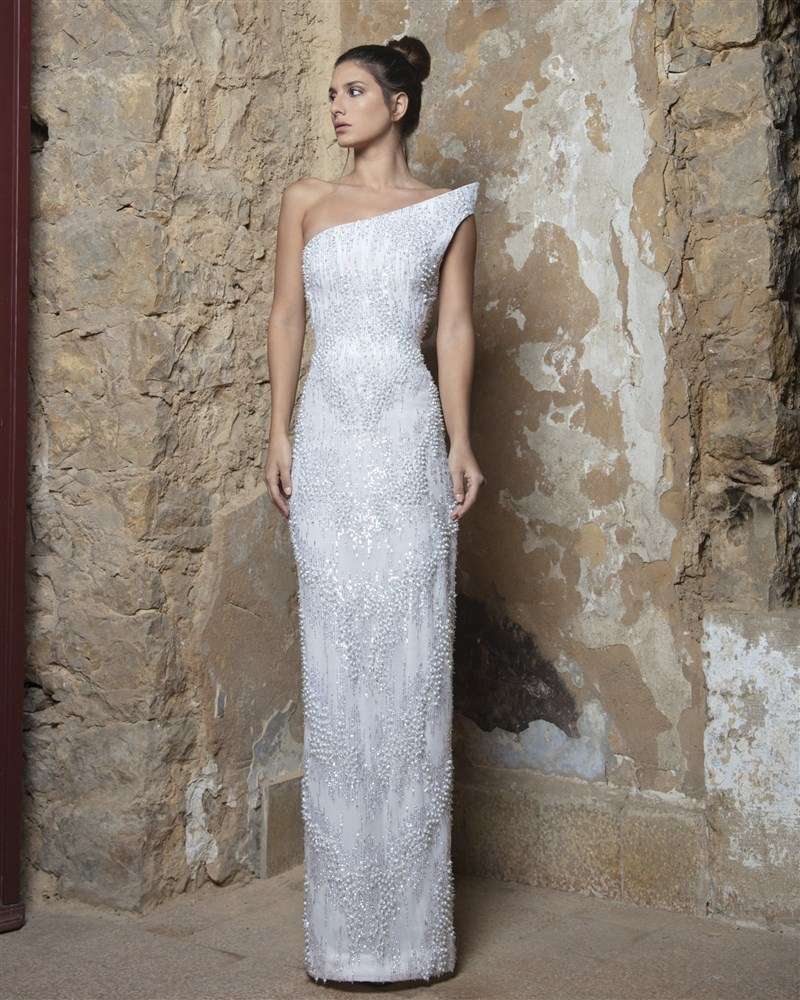 Pearl White Asymmetric Dress by Rami Kadi
