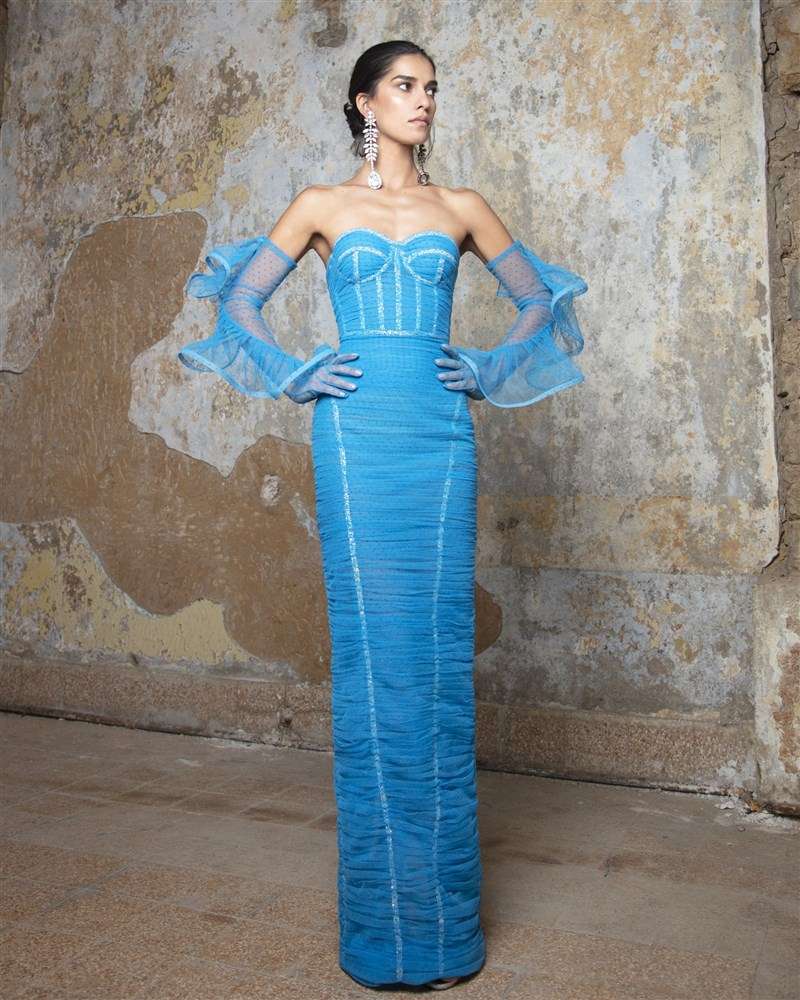 Vivid Blue Crystallized Corset Dress by Rami Kadi
