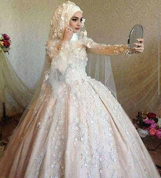 Robe De Mariee Pink Turkish Islamic Wedding Dresses With Veil Muslim Long  Sleeve Lace Applique Bridal Dress Arabic Gelinlik - Wedding Dresses -  AliExpress